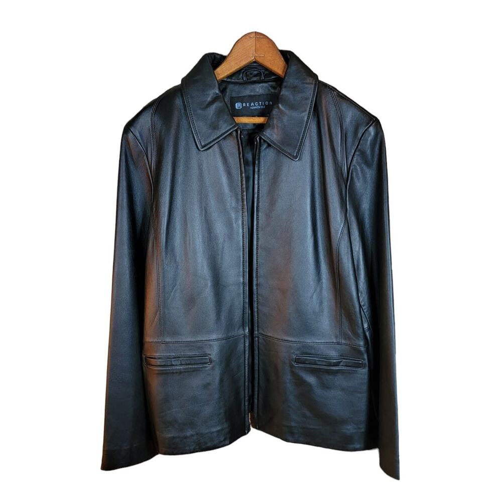 Vintage 90s Kenneth Cole Reaction Womens Black Leather Jacket Zip Coat Size XL